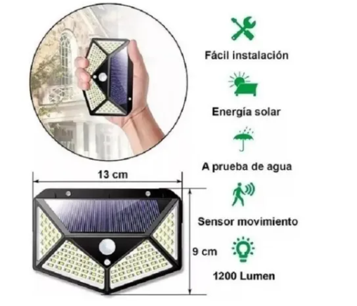 Lampara Panel Solar Litio 100 Leds Deteccion De Movimiento